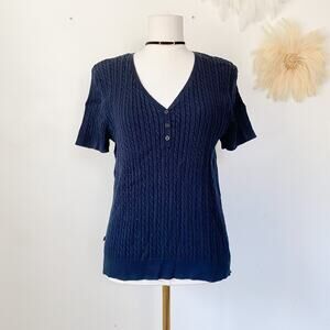 Chaps Womens Y2K Cable Knit Short Sleeve Sweater Size XL Henley Preppy Old Money